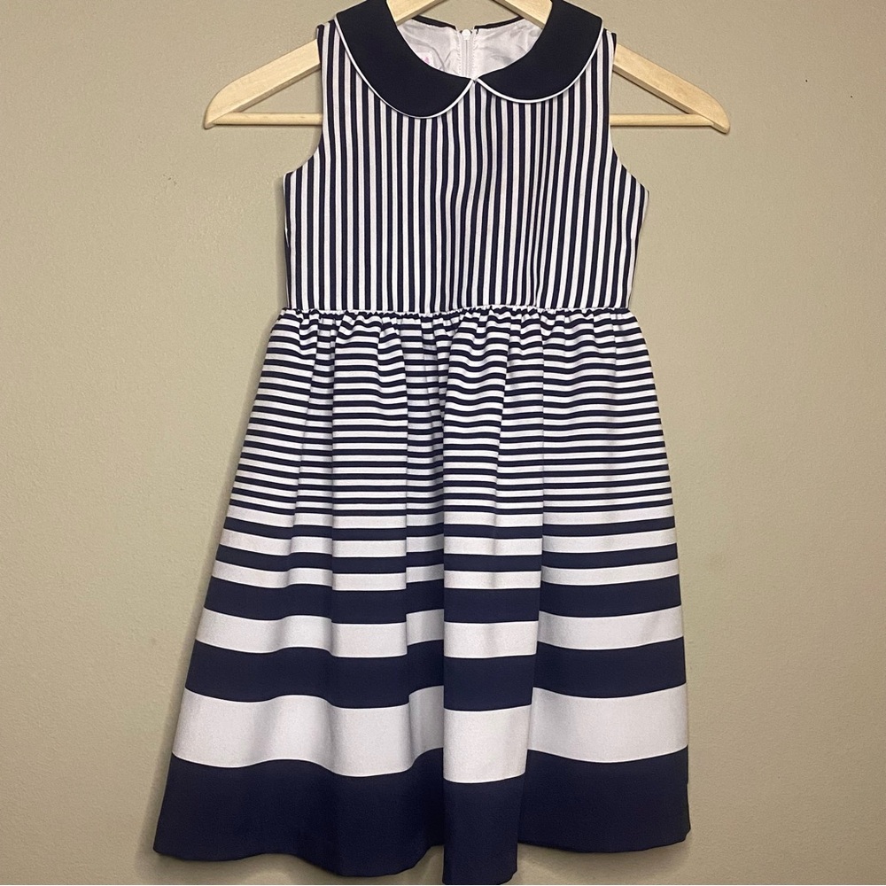 Bonnie Jean Sleeveless Nautical Dress Girls Size 7 Navy Blue White Striped